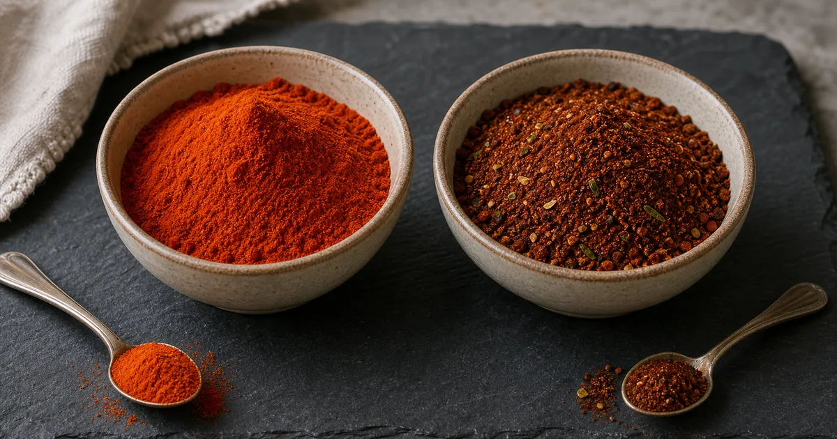 Side-by-side bowls of cayenne powder and chili powder blend on a slate board