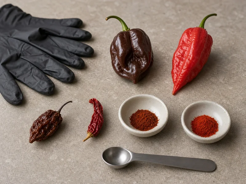 Fresh brown Douglah and red Ghost peppers beside dried pods, powder, gloves, and a measuring spoon