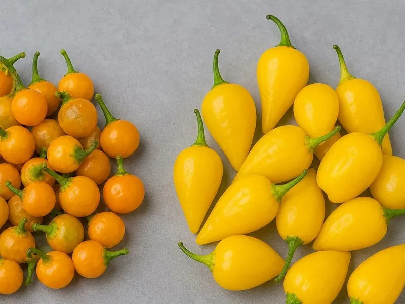 Aji Charapita and Lemon Drop peppers arranged side by side by pod size