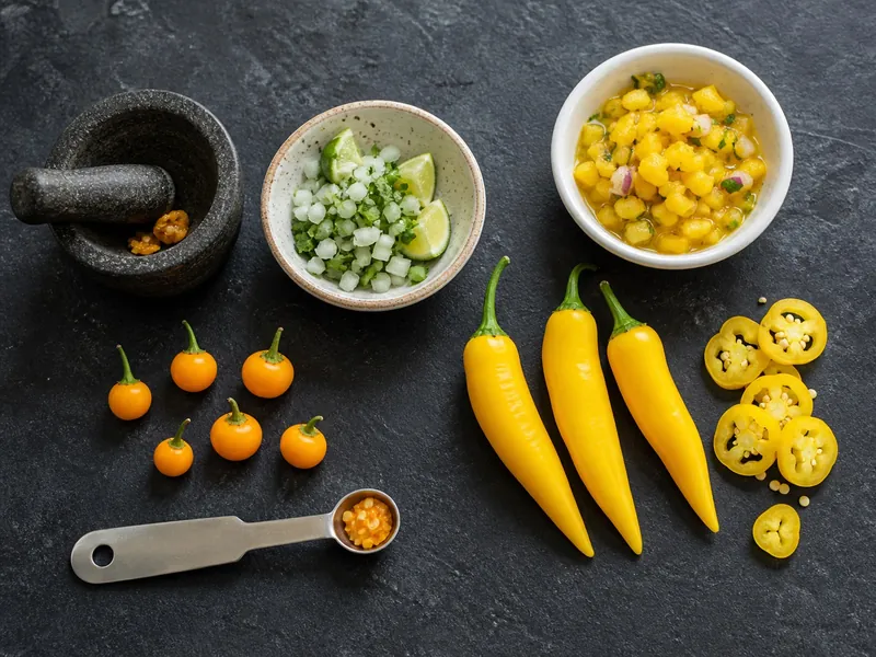 Tiny Aji Charapita peppers measured beside garnish and larger Lemon Drop peppers sliced for salsa