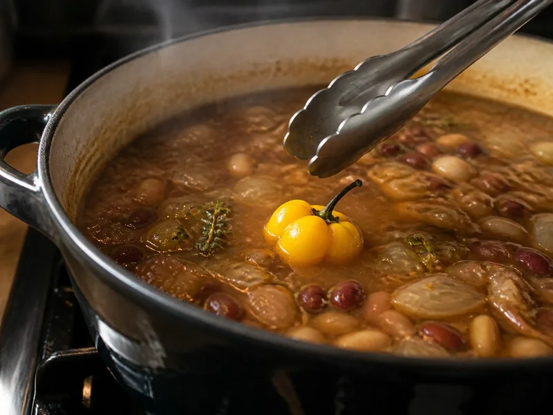 One intact Scotch Bonnet steeping in a Caribbean stew with kitchen tongs ready for removal