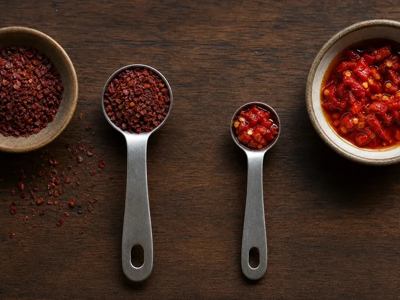 Aleppo flakes and oil-packed Calabrian chile shown in different measuring spoons