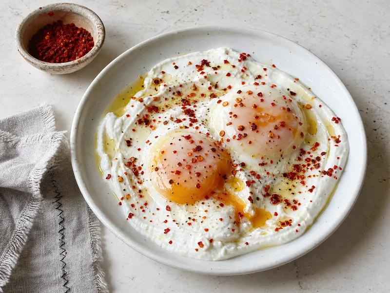 Aleppo pepper flakes used as a bright finishing spice on labneh and eggs