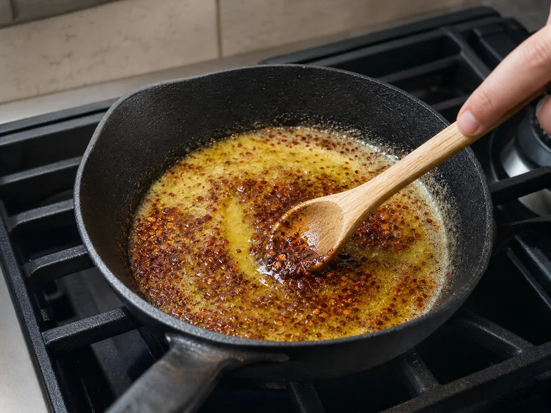 Maras pepper flakes blooming in warm butter in a small skillet