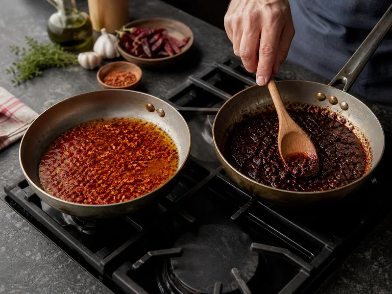 Aleppo pepper blooming bright red in olive oil beside dark Urfa biber loosening in butter
