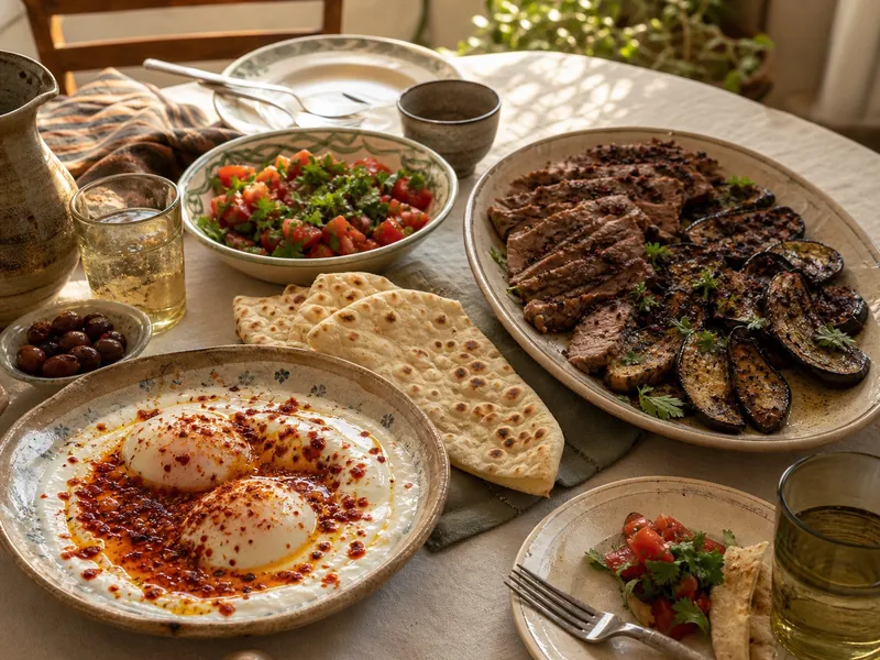 Aleppo pepper over labneh and eggs beside Urfa biber with lamb and roasted eggplant