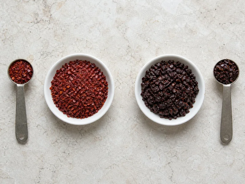 Equal portions of loose crimson Aleppo pepper flakes and soft dark Urfa biber on stone