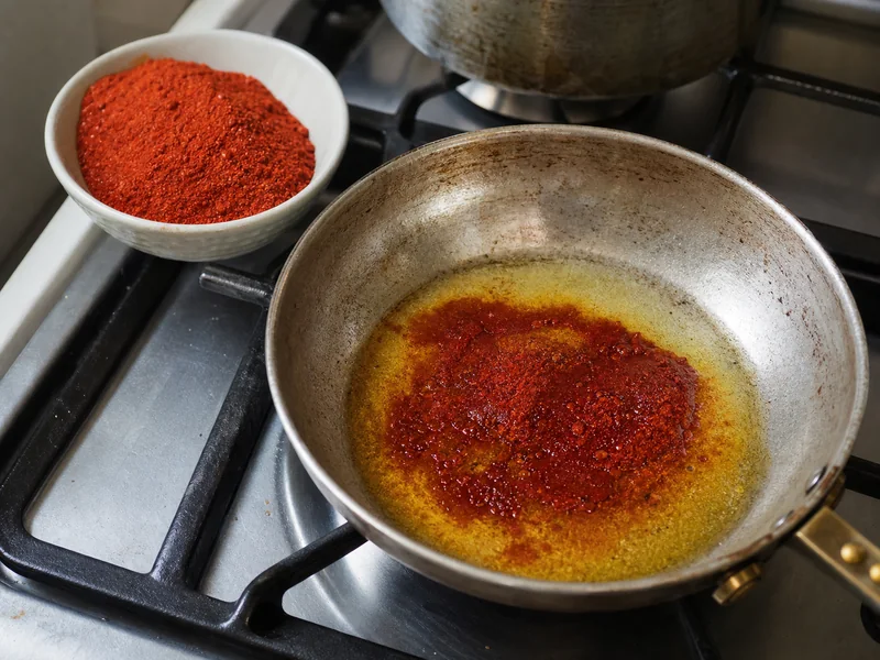 Kashmiri chili powder blooming in warm ghee in a steel pan