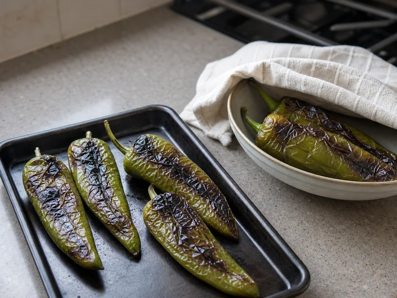 Blistered Anaheim peppers resting in a covered bowl before peeling