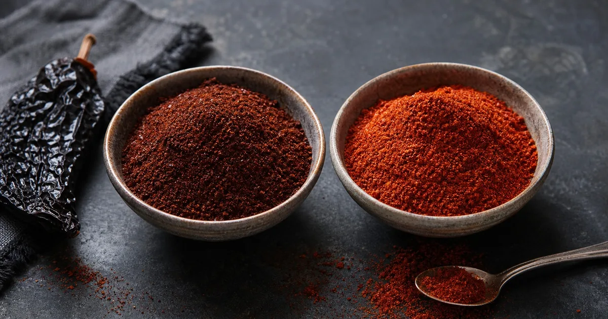Bowls of ancho chili powder and chili powder with a dried ancho chile nearby