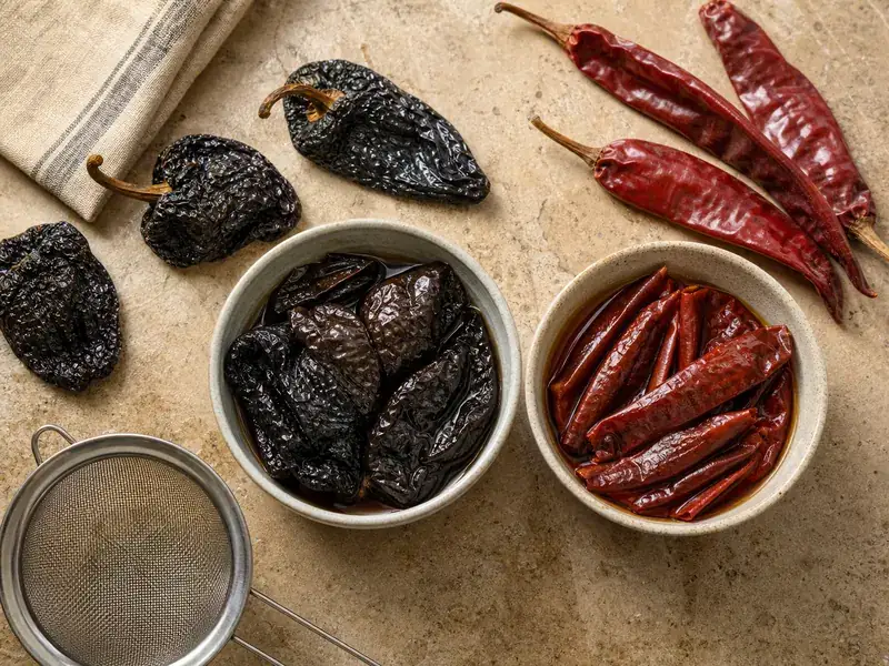 Dried ancho and guajillo chiles soaking in separate bowls before blending