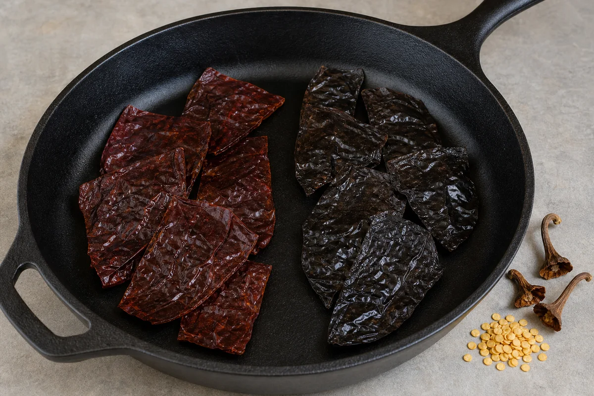 Stemmed and seeded ancho and mulato chile pieces separated in a skillet before brief toasting