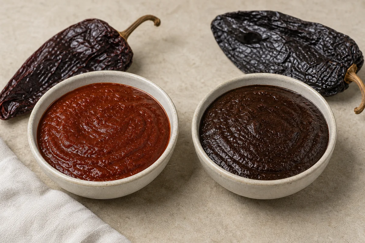 Brick-red ancho chile puree beside darker mulato chile puree with the dried pods behind each bowl