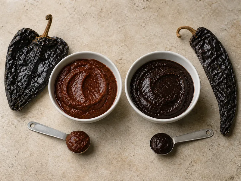 Rehydrated ancho and pasilla chile purees showing different color and body