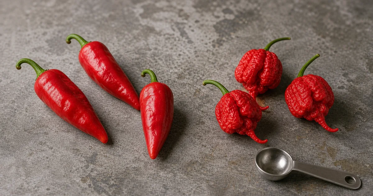 Apollo pepper and Carolina Reaper pods shown side by side for heat comparison