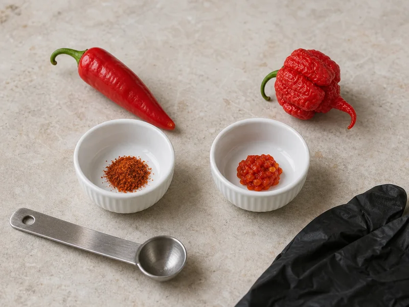 Measured superhot pepper portions beside sauce ingredients and protective gloves
