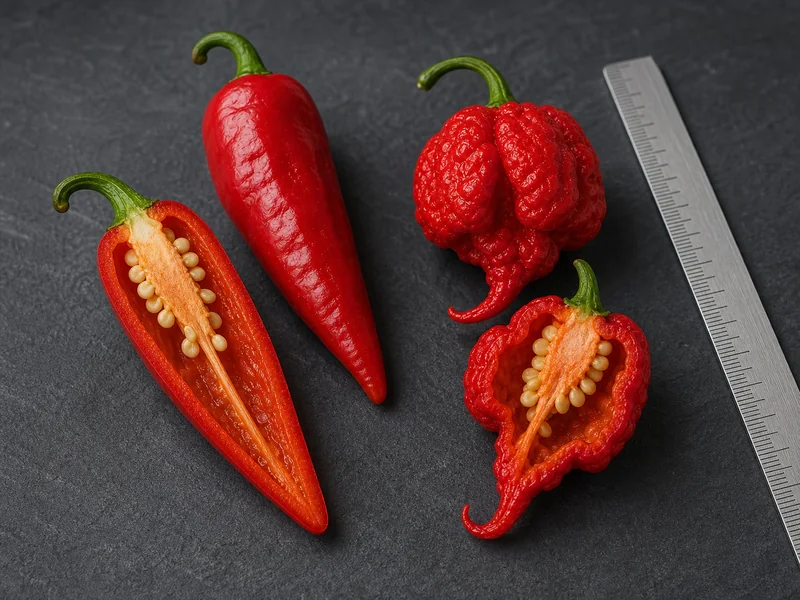 Apollo pepper and Carolina Reaper pods compared by shape and surface texture