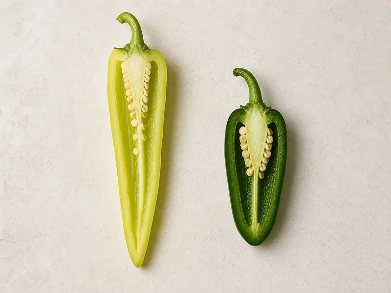 Cut-open sweet banana pepper and jalapeño showing different pod shape, flesh, cavity, placenta, and seeds
