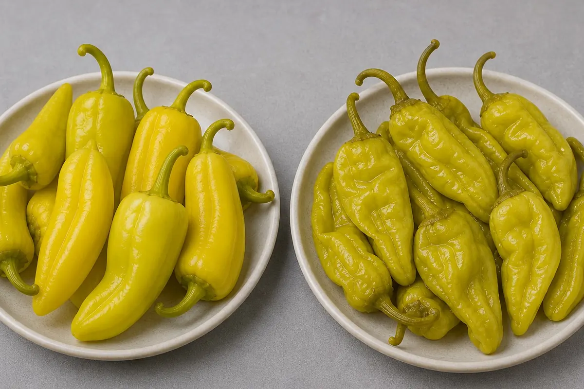 Smooth banana peppers beside shorter wrinkled pepperoncini for shape comparison