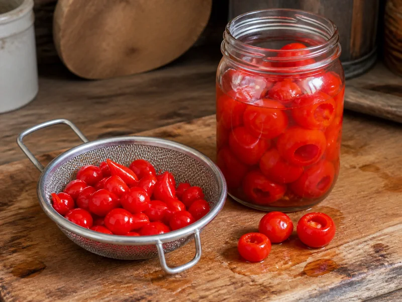 Pointed biquinho peppers draining beside larger hollow sweet piquante peppers in brine