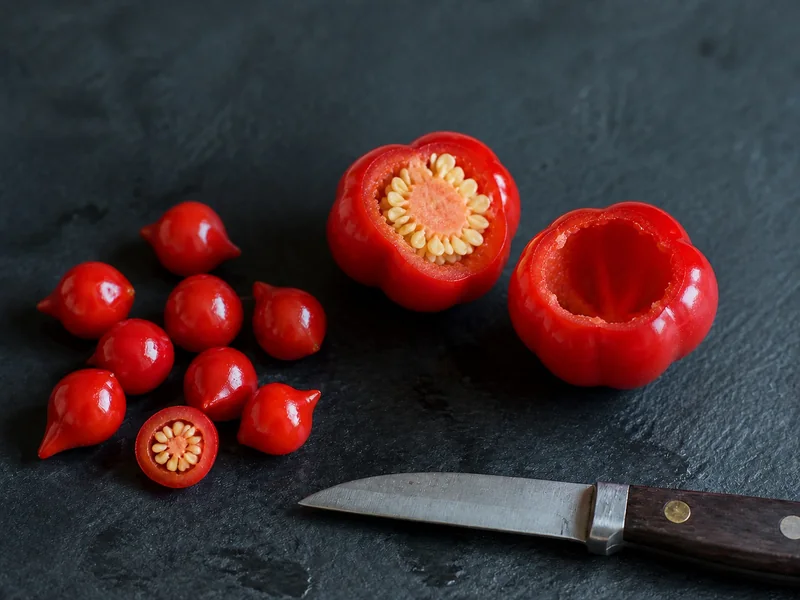 Cut biquinho and larger sweet piquante peppers showing different cavities and wall thickness