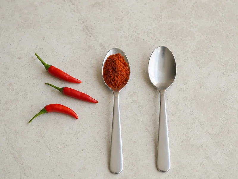 Three fresh bird's eye chiles beside measured cayenne powder and an empty teaspoon
