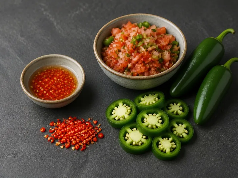 Minced red bird's eye chili for dipping sauce beside thick jalapeño rings and chunky salsa