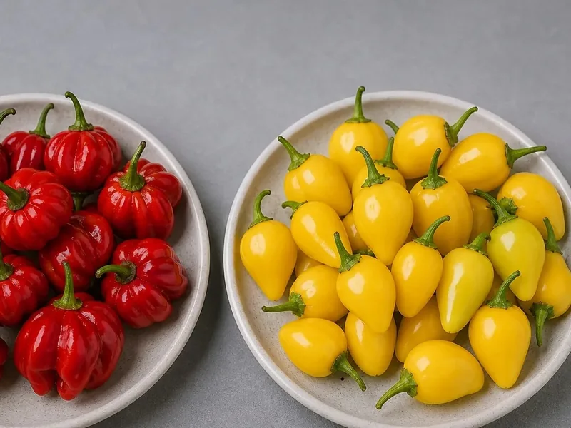 Red Bishops Crown and yellow Lemon Drop peppers in separate bowls