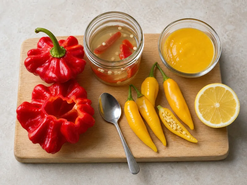 Winged Bishop's Crown peppers prepared for pickling beside sliced Lemon Drop peppers and yellow sauce