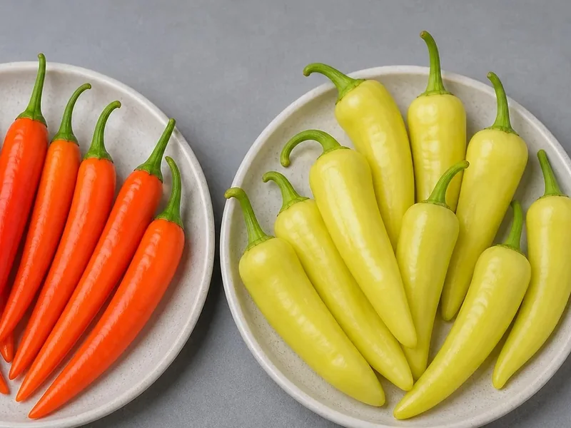 Orange Bulgarian Carrot and pale Hungarian Wax peppers side by side