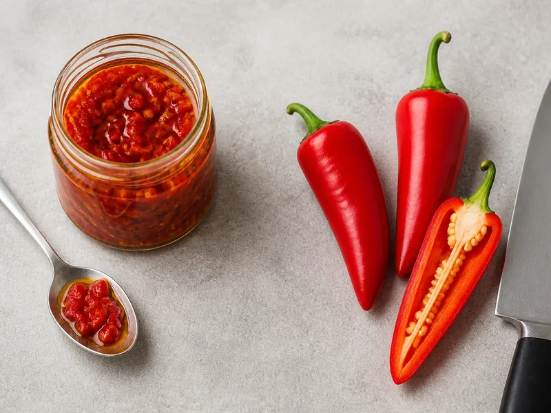 Calabrian chile paste in oil beside whole and sliced fresh Fresno peppers