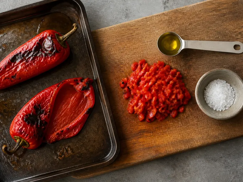 Roasted Fresno peppers beside minced pepper, olive oil, and salt for a cooked swap