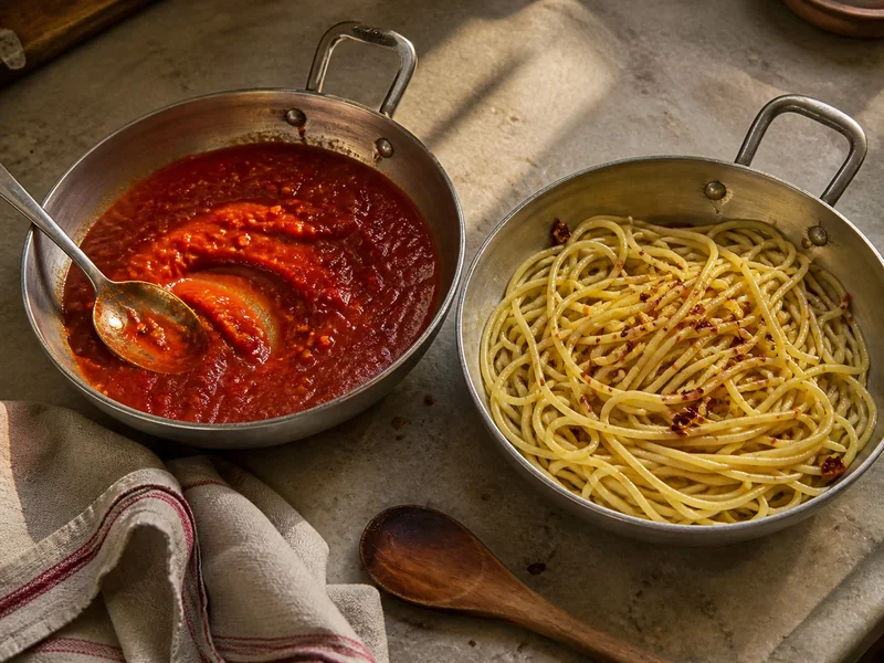 Tomato sauce with Calabrian chile beside pasta seasoned with peperoncino flakes