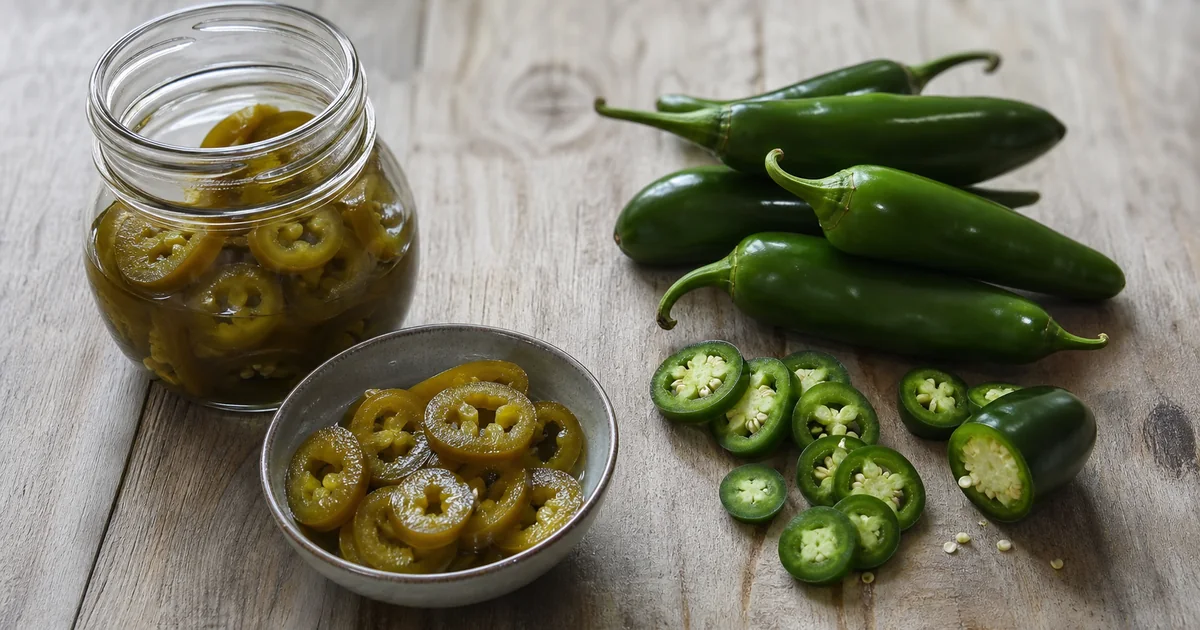 Pickled jalapeno rings beside one whole and one sliced fresh jalapeno