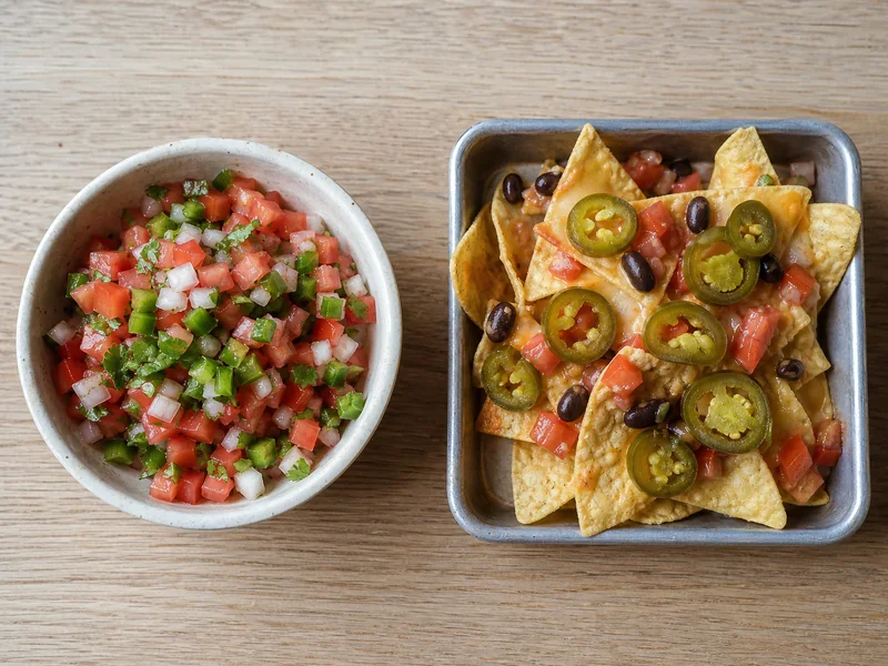 Fresh jalapeno salsa beside nachos topped with drained canned jalapeno rings