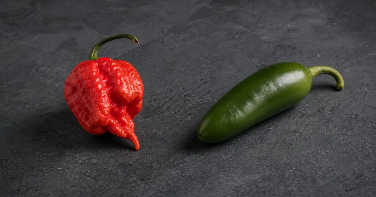One Carolina Reaper and one jalapeno shown without a quantity ratio