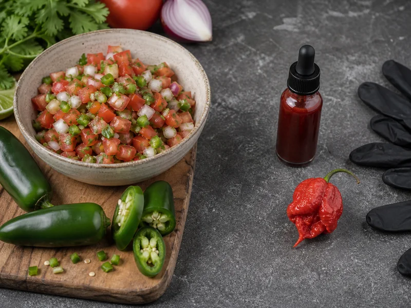 A labeled extreme hot sauce dropper beside jalapeno salsa and sliced jalapenos