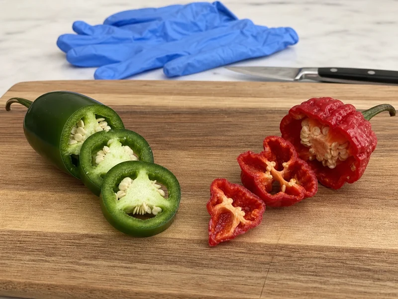 Sliced Carolina Reaper and jalapeno showing thin superhot walls and thicker jalapeno flesh