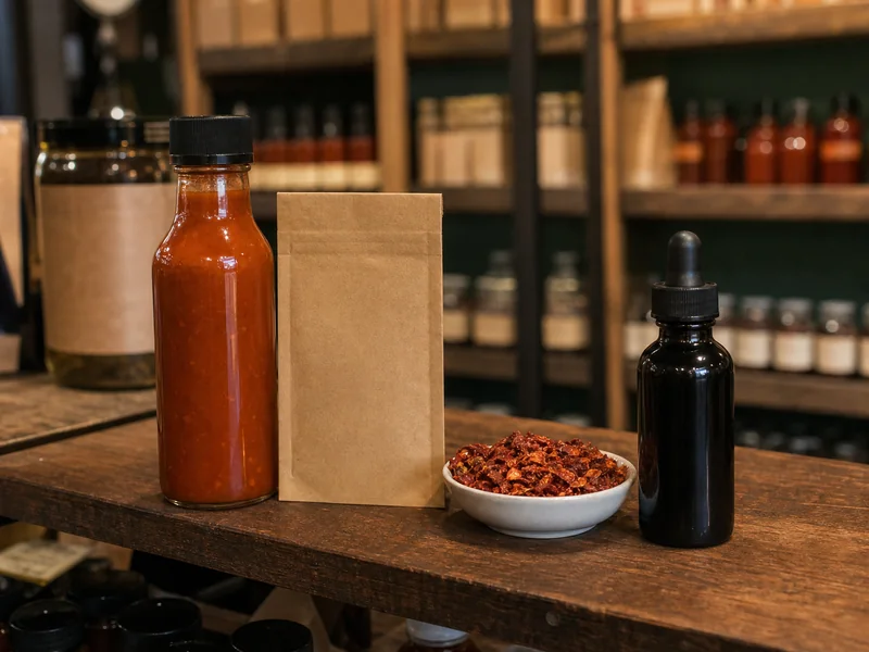 Unbranded superhot sauce, dried flakes and seed formats on a shop counter