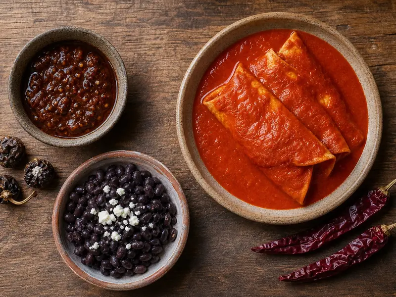 Dark cascabel salsa and beans beside tortillas coated in bright guajillo sauce