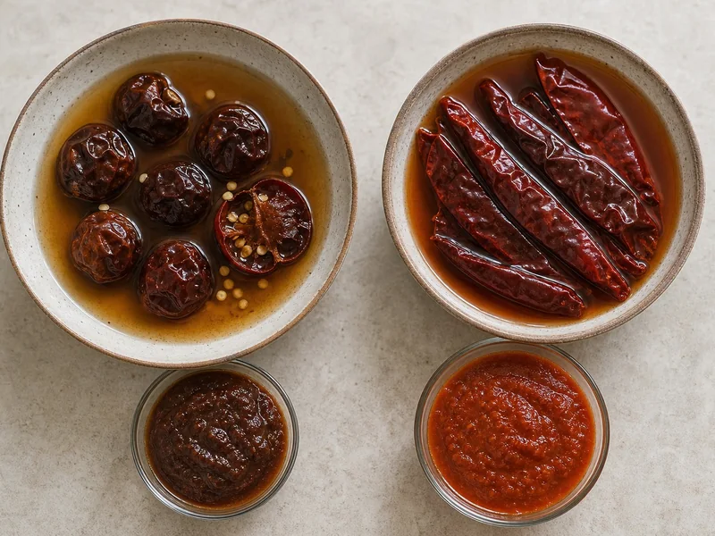 Round cascabel and long guajillo chiles soaking beside their different purees