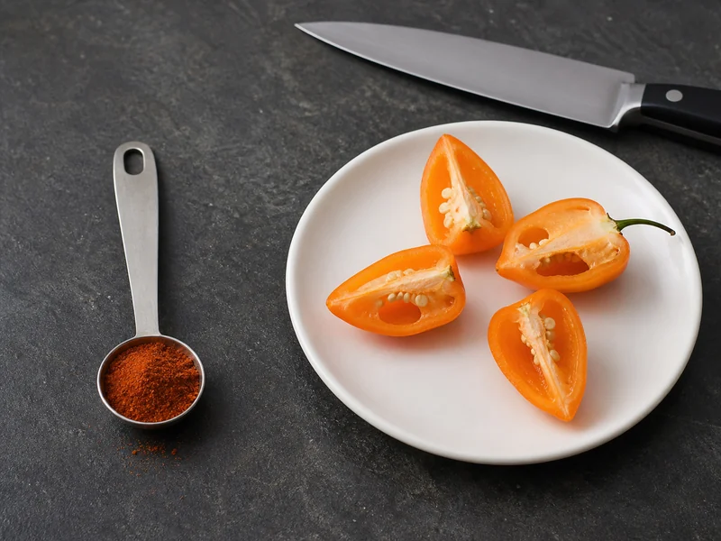 Measured cayenne powder beside a quartered fresh orange habanero