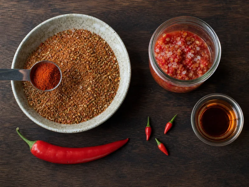 Measured cayenne powder beside fresh Tabasco pepper mash, small Tabasco pods, and vinegar
