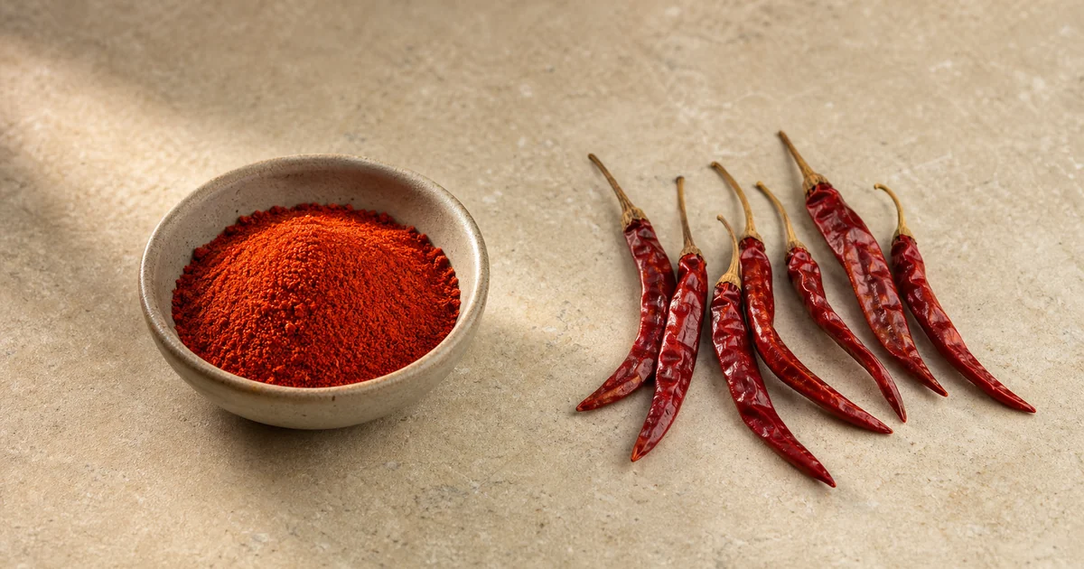 Cayenne powder beside whole dried chile de árbol pods