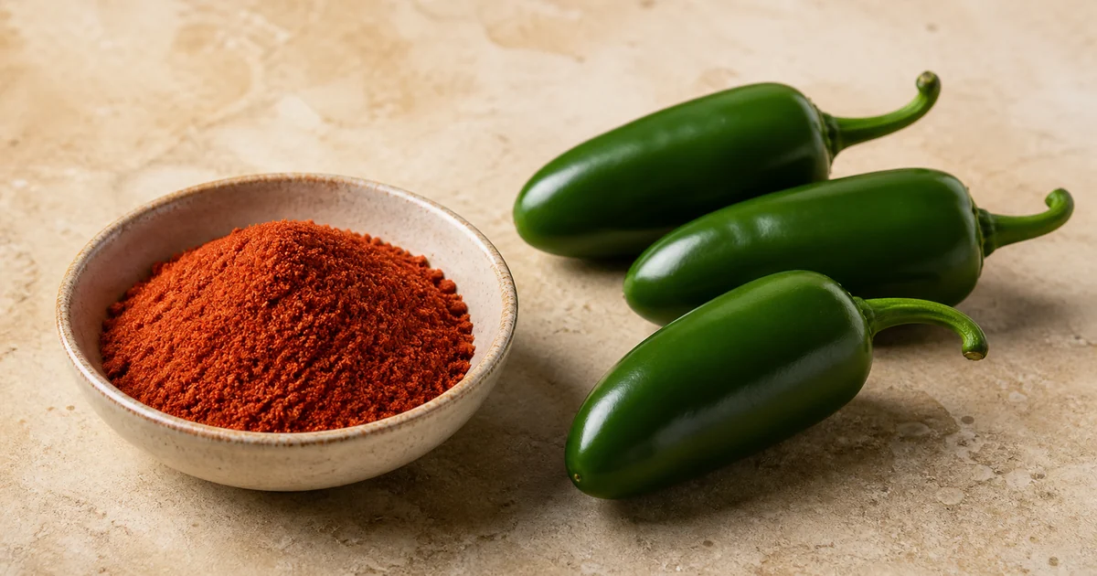 Cayenne powder beside whole fresh green jalapeño peppers