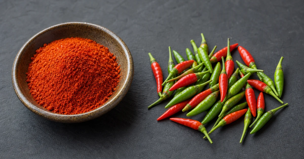 Cayenne powder beside small red and green Thai bird chiles