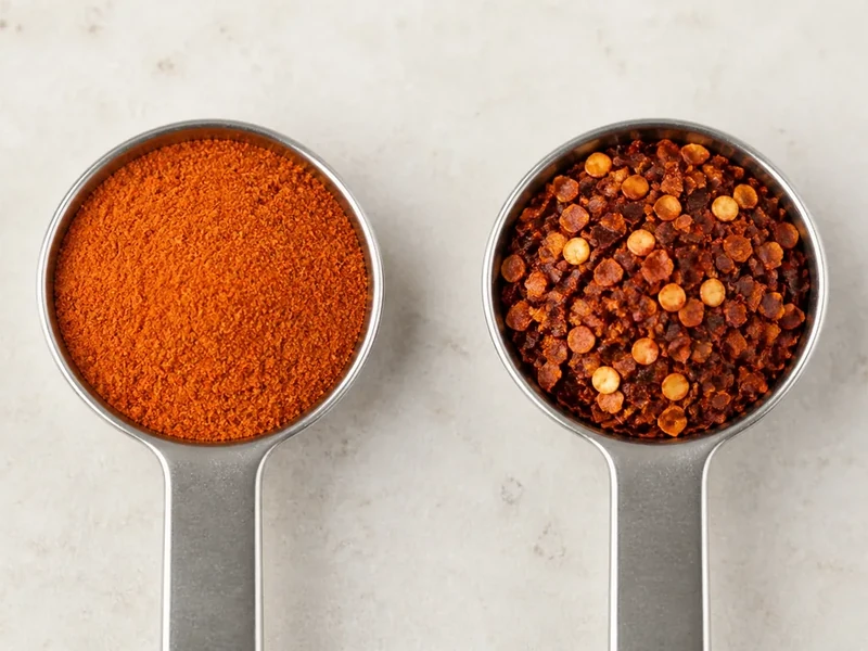 Equal measuring spoons showing fine cayenne powder and coarse red pepper flakes