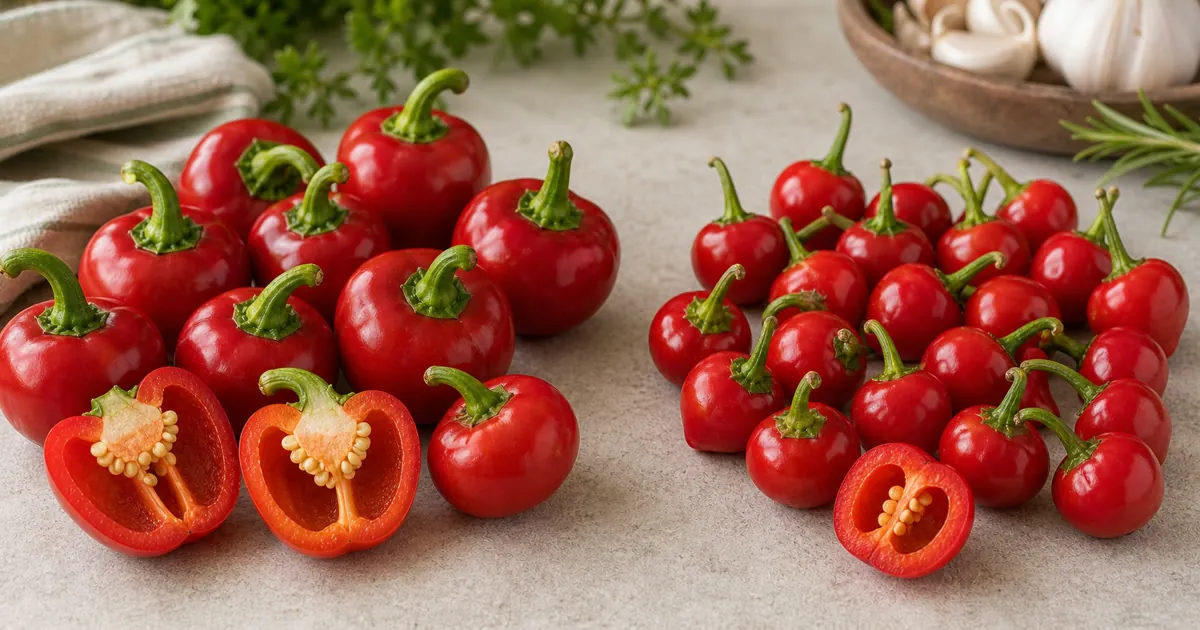 Cherry Bomb Pepper and Cherry Pepper shown side by side for comparison