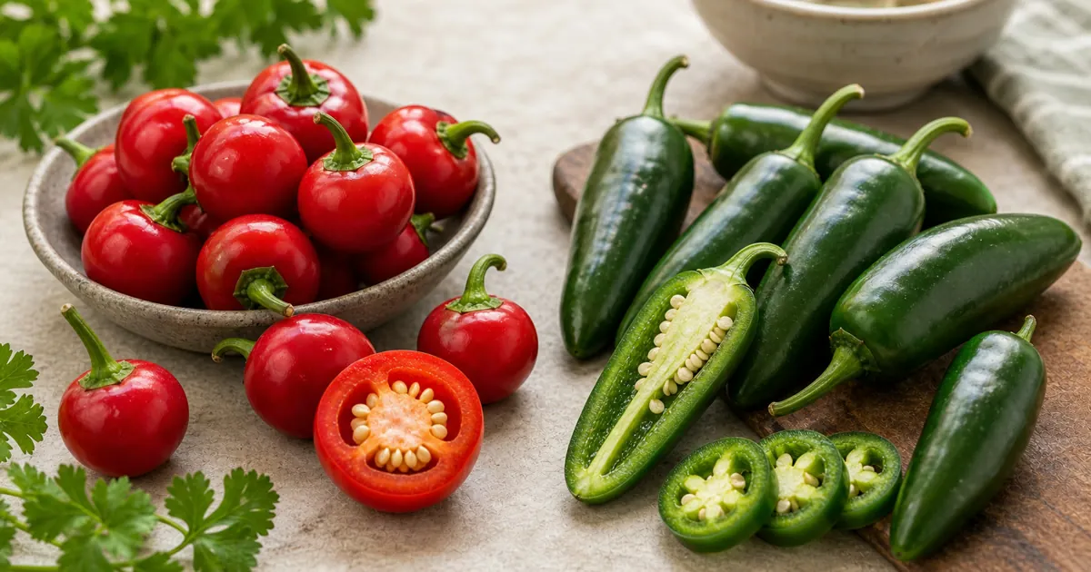 Cherry Bomb Pepper and Jalapeño shown side by side for comparison