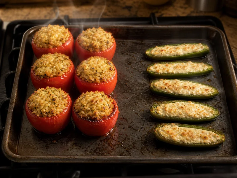 Stuffed Cherry Bomb pepper cups and jalapeño boats on a baking tray